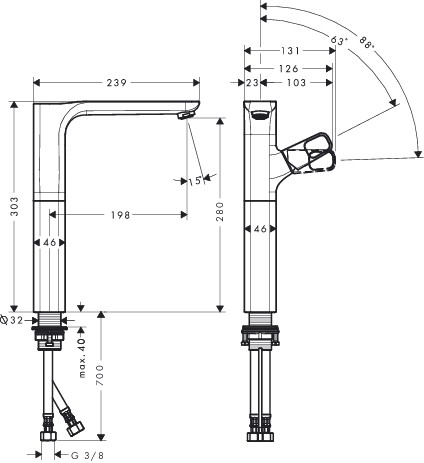 Hansgrohe Waschtischmischer 280 Axor Urquiola chrom für Waschschüssel ohne Halter