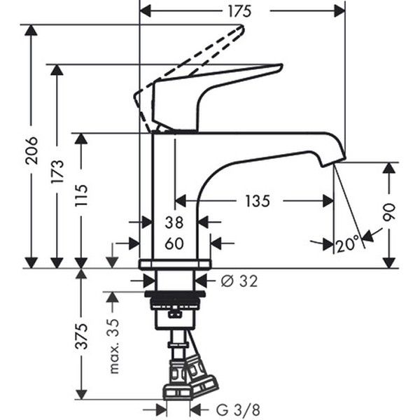 Hansgrohe Waschtischmischer 90 Axor Citterio E Handwaschbecken o.Zugstange Hebelgr.chr.