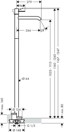 Hansgrohe Waschtischmischer Axor Uno Fertigset zur Bodenmontage Bügelgriff chrom