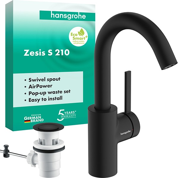 Hansgrohe WTM 210 Zesis S mit Schwenkauslauf  u.Zugstangen-Ablaufgarnitur mattschwarz