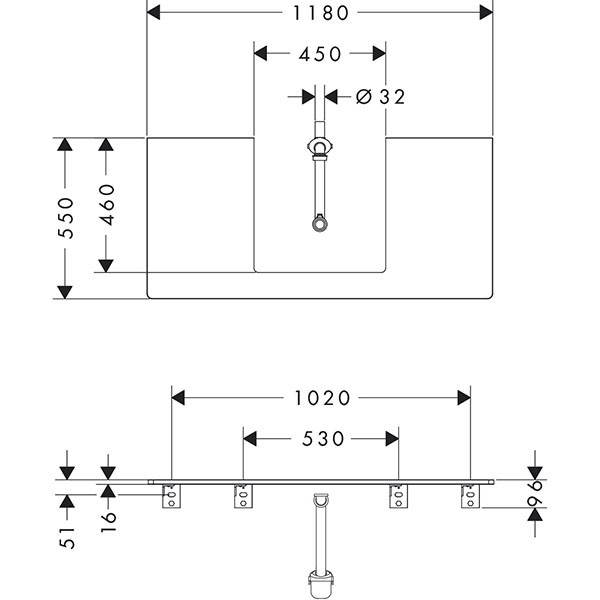 Hansgrohe Xelu Q Konsole 1180/550 mit Ausschnitt mittig für Aufsatzwaschtisch geschliffen 500/480 Diamantgrau Matt