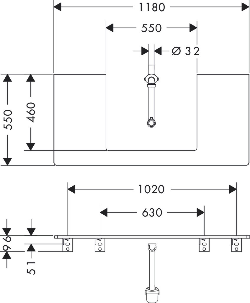 Hansgrohe Xelu Q Konsole 1180/550 mit Ausschnitt mittig für Aufsatzwaschtisch geschliffen 600/480 Nussbaum Dunkel