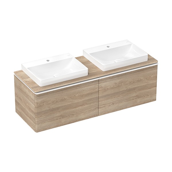 Hansgrohe Xelu Q Konsole 1560/550 mit 2 Ausschnitte für Aufsatzwaschtisch geschliffen 600/480 Eiche Natur