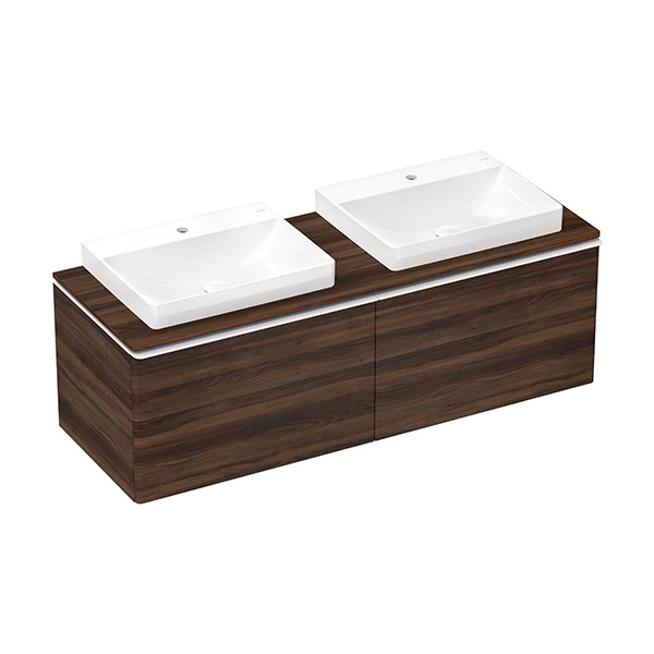 Hansgrohe Xelu Q Konsole 1560/550 mit 2 Ausschnitte für Aufsatzwaschtisch geschliffen 600/480 Nussbaum Dunkel