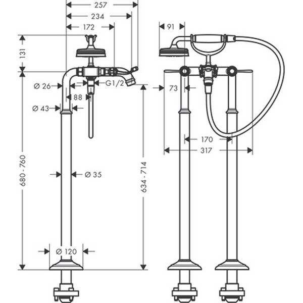 Hansgrohe Zweigriff Wannenarmatur Axor Montreux Fertigset Hebelgriff chrom Bodenmontage