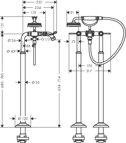 Hansgrohe Zweigriff Wannenarmatur Axor Montreux Fertigset Hebelgriff chrom Bodenmontage