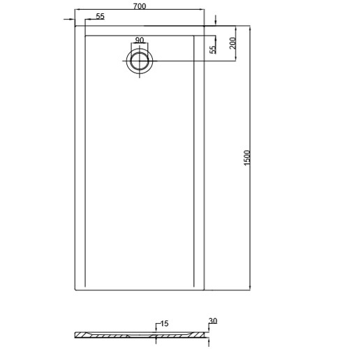 HO DW Muna "S" 1500x700x30 ohne Antirutsch, Material Solique, weiß