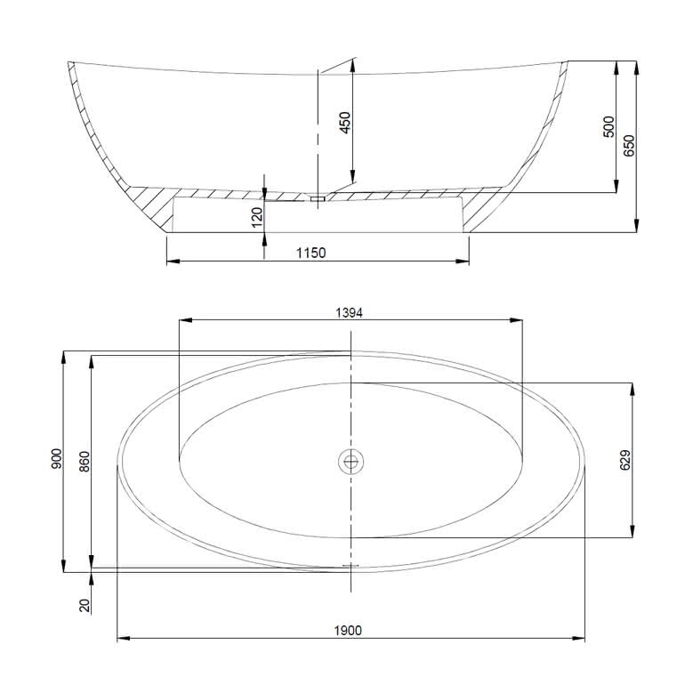 Hoesch Badewanne Namur 1900x900 freistehend, Material Solique, weiß