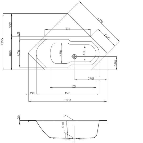 Hoesch Arica 1900x800x430 mm Sechseck-Badewanne Einbaubadewanne Weiß 5573.010