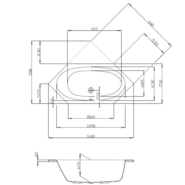 Hoesch Armada 1600x750x420 mm Sechseck-Badewanne Einbaubadewanne Weiß 6173.010