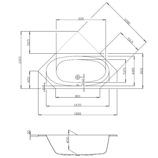 Hoesch Armada 1800x800x450 mm Sechseck-Badewanne Einbaubadewanne Weiß 6175.010