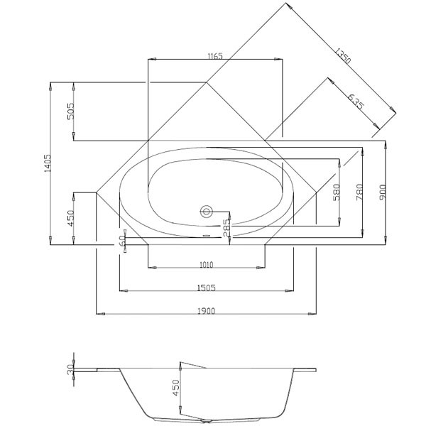 Hoesch Armada 1900x900x450 mm Sechseck-Badewanne Einbaubadewanne Weiß 6177.010