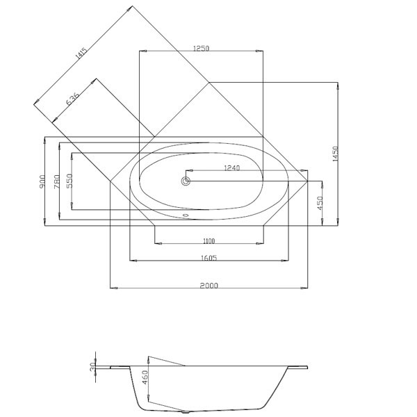 Hoesch Armada 2000x900x460 mm Sechseck-Badewanne Einbaubadewanne Überlauf Links Weiß 6182.010
