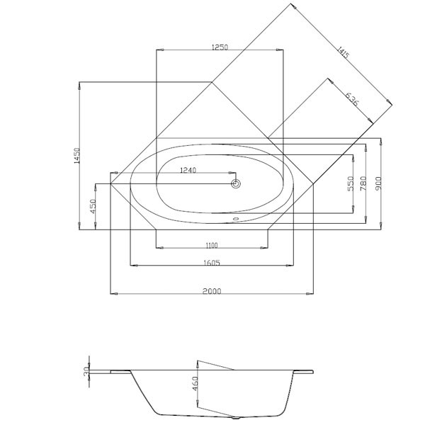 Hoesch Armada 2000x900x460 mm Sechseck-Badewanne Einbaubadewanne Überlauf Rechts Weiß 6183.010
