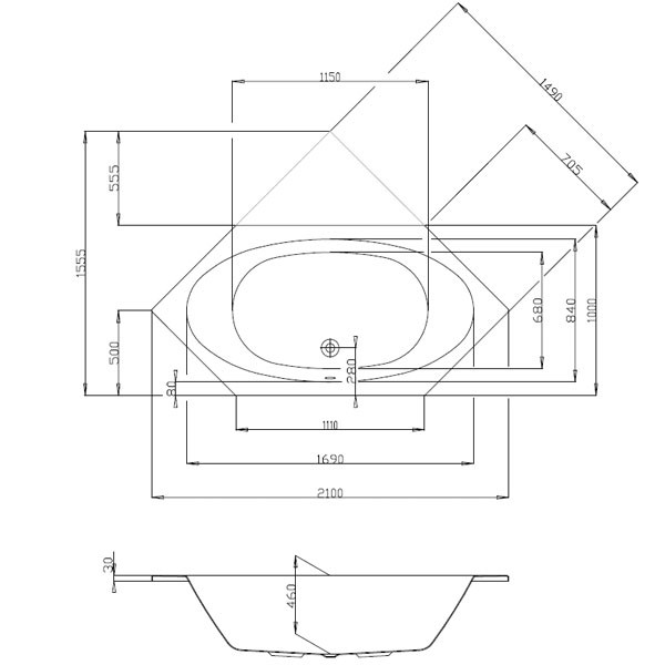 Hoesch Armada 2100x1000x460 mm Sechseck-Badewanne Einbaubadewanne Weiß 6179.010