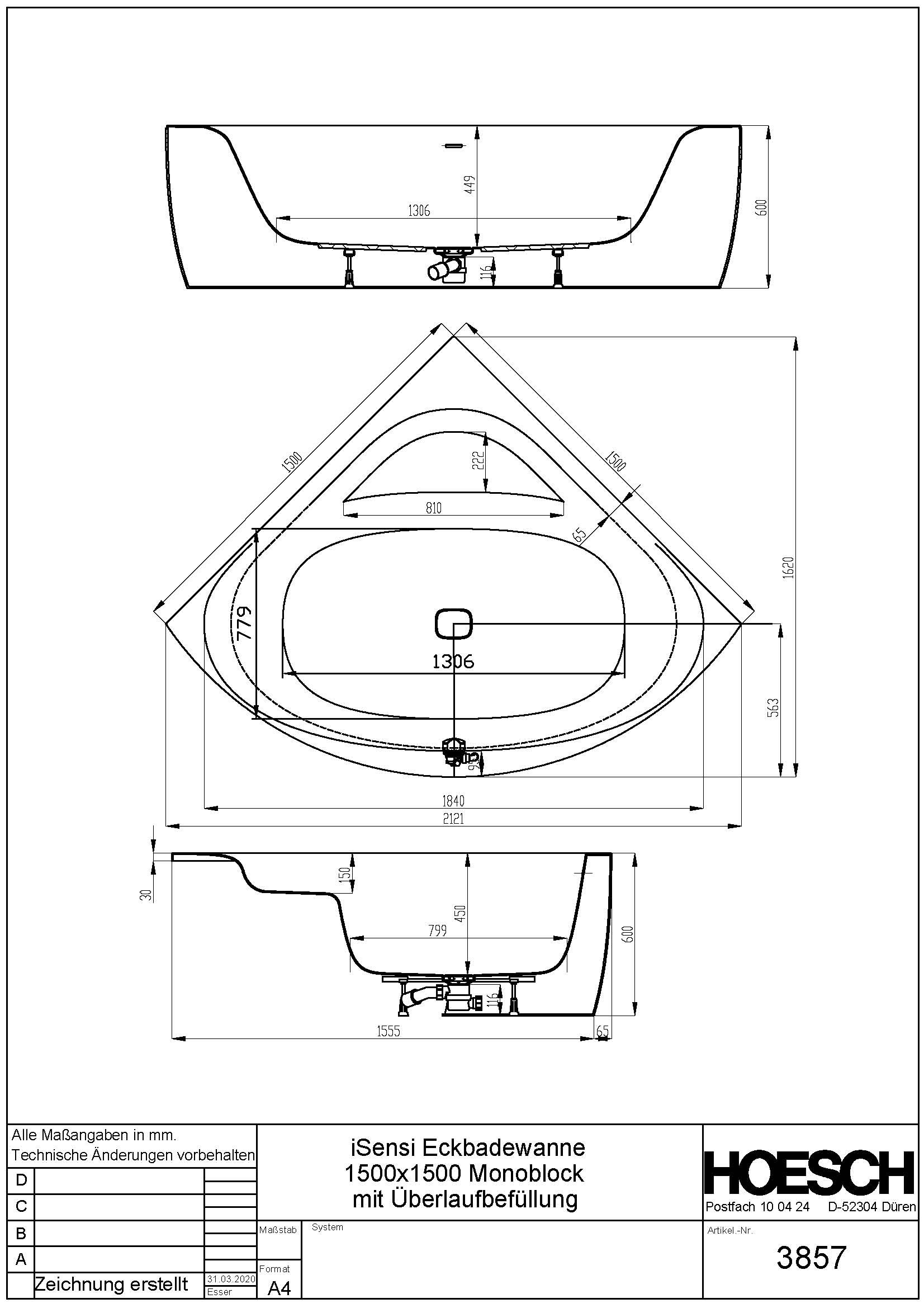 Hoesch Badewanne iSensi Eck 1500x1500 inklusive Überlaufbefüllung weiß, Monoblock, angeformter Schürze weiß