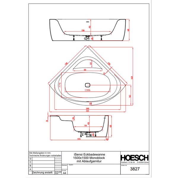 Hoesch Badewanne iSensi Eck 1500x1500 inklusive Überlaufbefüllung weiß, Monoblock, angeformter Schürze weiß