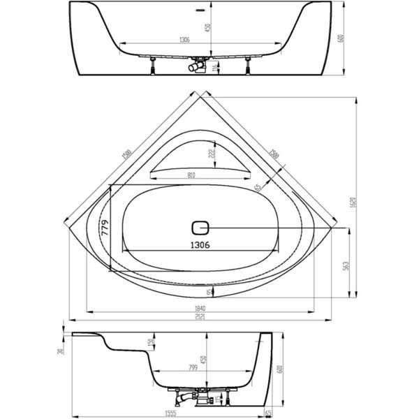 Hoesch Badewanne iSensi Eck 1500x1500 Monoblock, angeformer Schürze weiß
