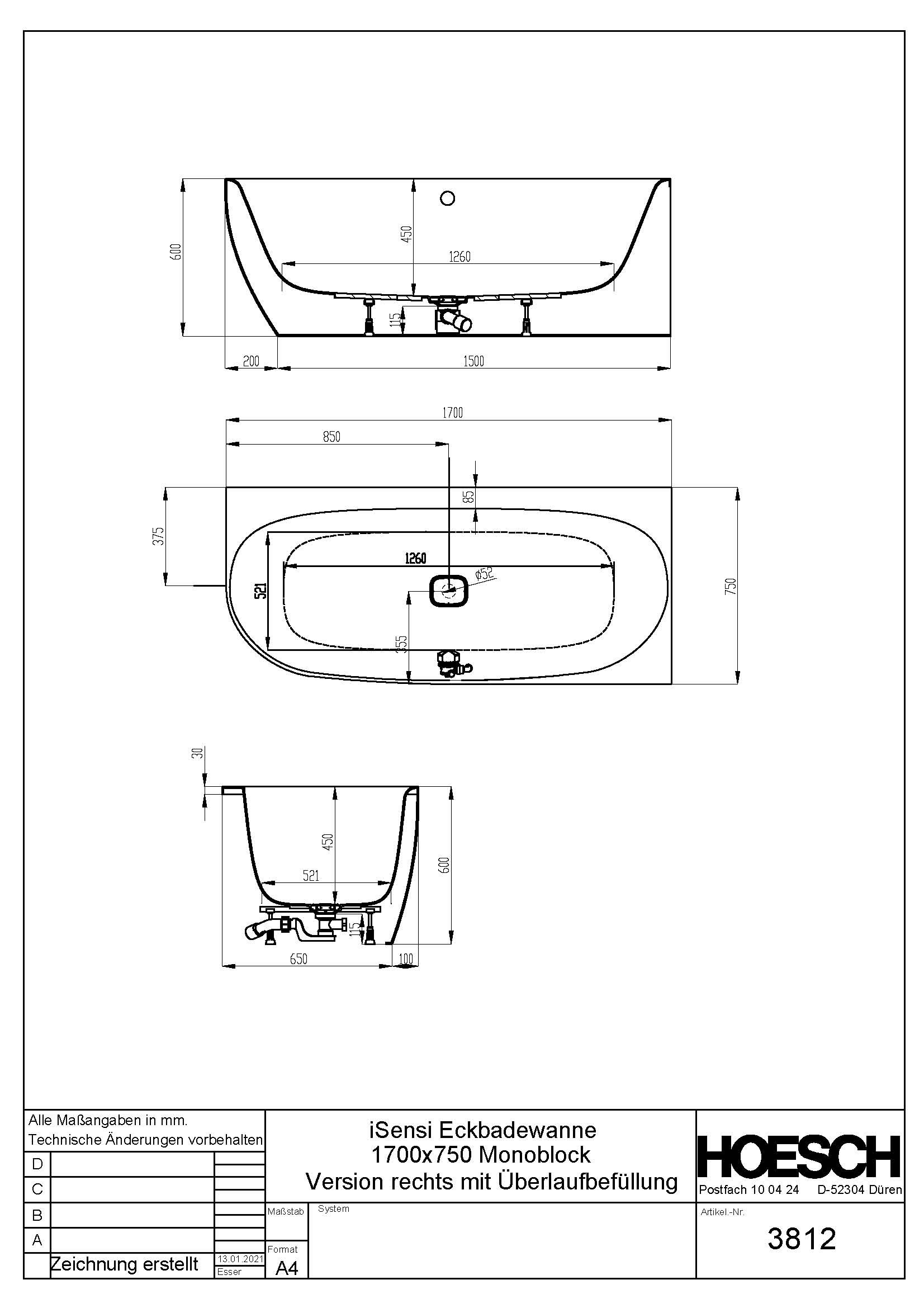 Hoesch Badewanne iSensi Eck 1700x750 Monoblock, rechts, mit Überlaufbefüllung chrom, angeformter Schürze