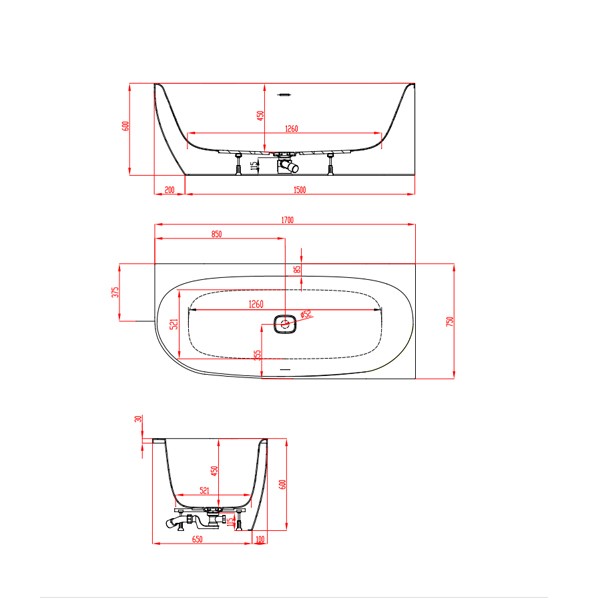 Hoesch Badewanne iSensi Eck 1700x750 Monoblock, rechts, mit Überlaufbefüllung chrom, angeformter Schürze