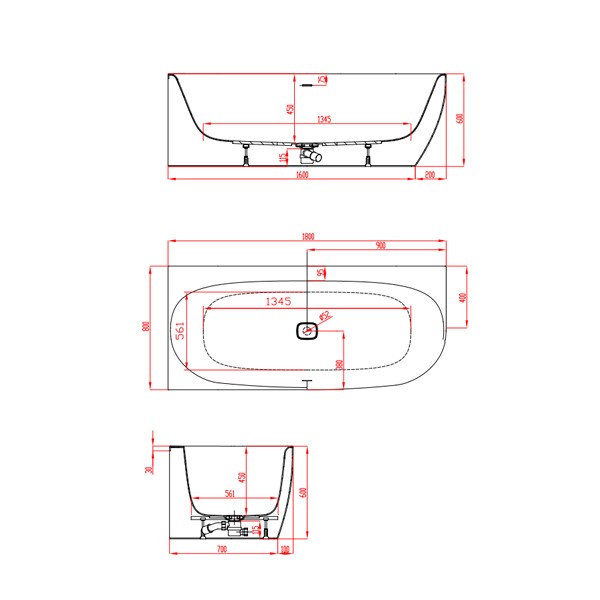Hoesch Badewanne iSensi Eck 1800x800 links inklusive Überlaufbefüllung Monoblock, angeformter Schürze weiß