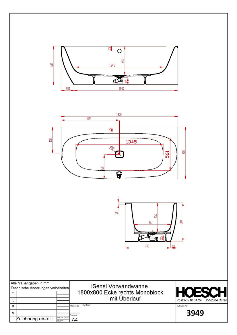 Hoesch Badewanne iSensi Eck 1800x800 rechts Monolith, mit Überlauf, ang. Sch. Weiß