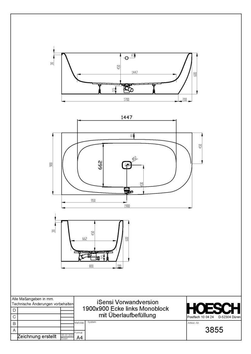 Hoesch Badewanne iSensi Eck 1900x900 Monoblock links mit Überlaufbefüllung weiß, angeformter Schürze weiß