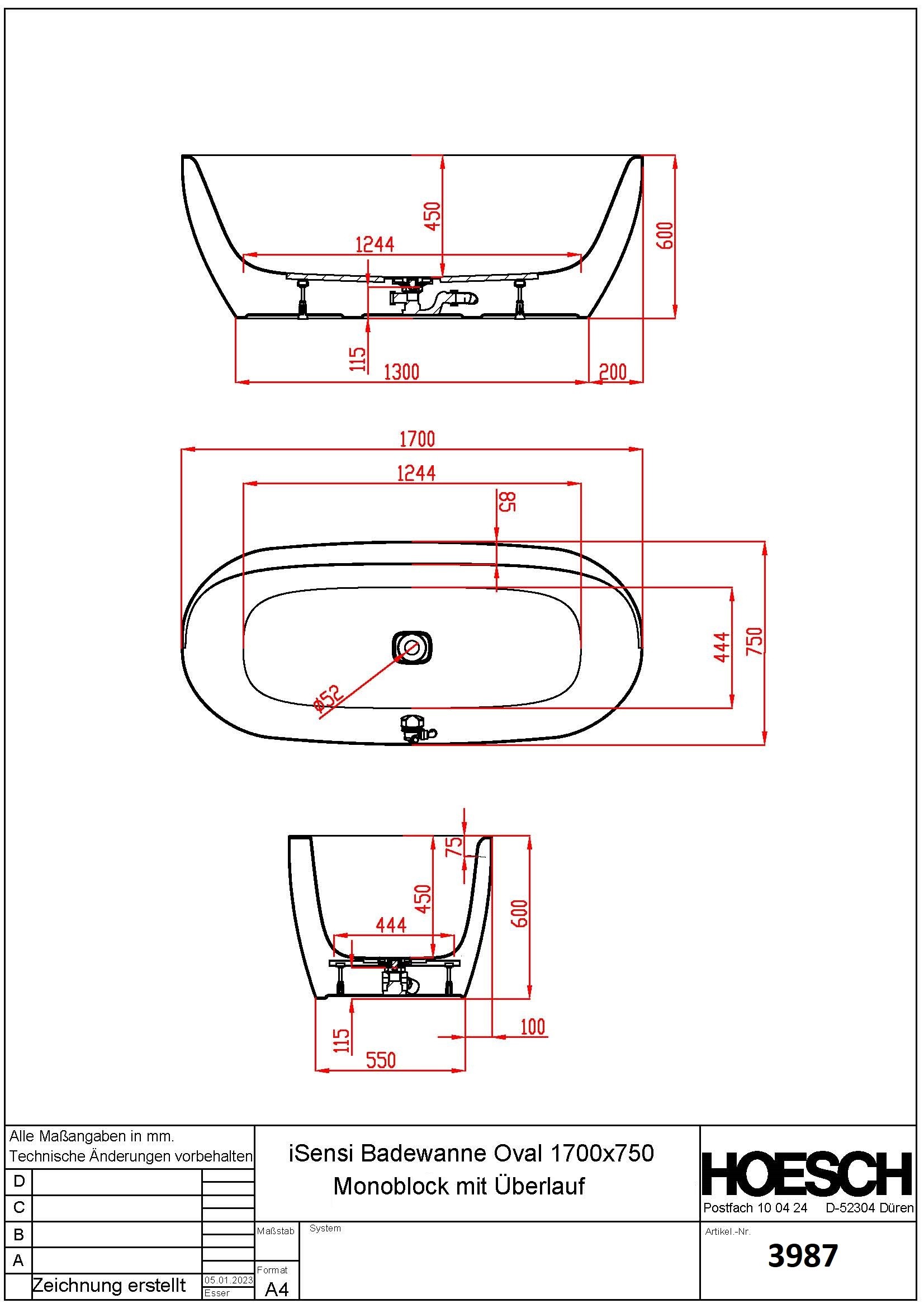 Hoesch Badewanne iSensi Oval 1700x750 Monolith mit Überlauf in Weiß
