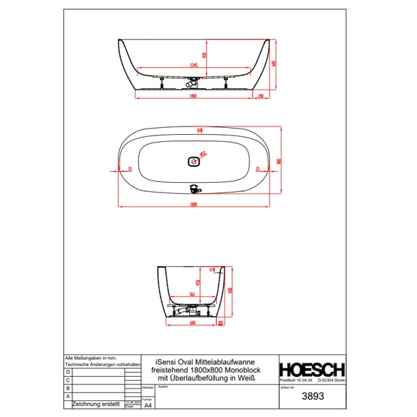 HO BW iSensi Oval 1800x800 Monoblock mit Überlaufbefüllung weiß, ang. Sch.