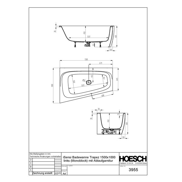 HO BW iSensi Trapez 1500x1000 Monoblock li. m.Überlaufbefüllung Weiß, ang. Sch.