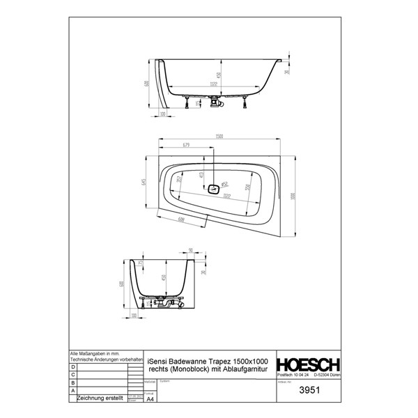 HO BW iSensi Trapez 1500x1000 Monoblock re. m.Überlaufbefüllung Chrom, ang. Sch.