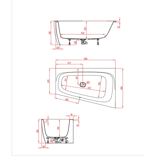 HO BW iSensi Trapez 1500x1000 Monoblock re. m.Überlaufbefüllung Weiß, ang. Sch.