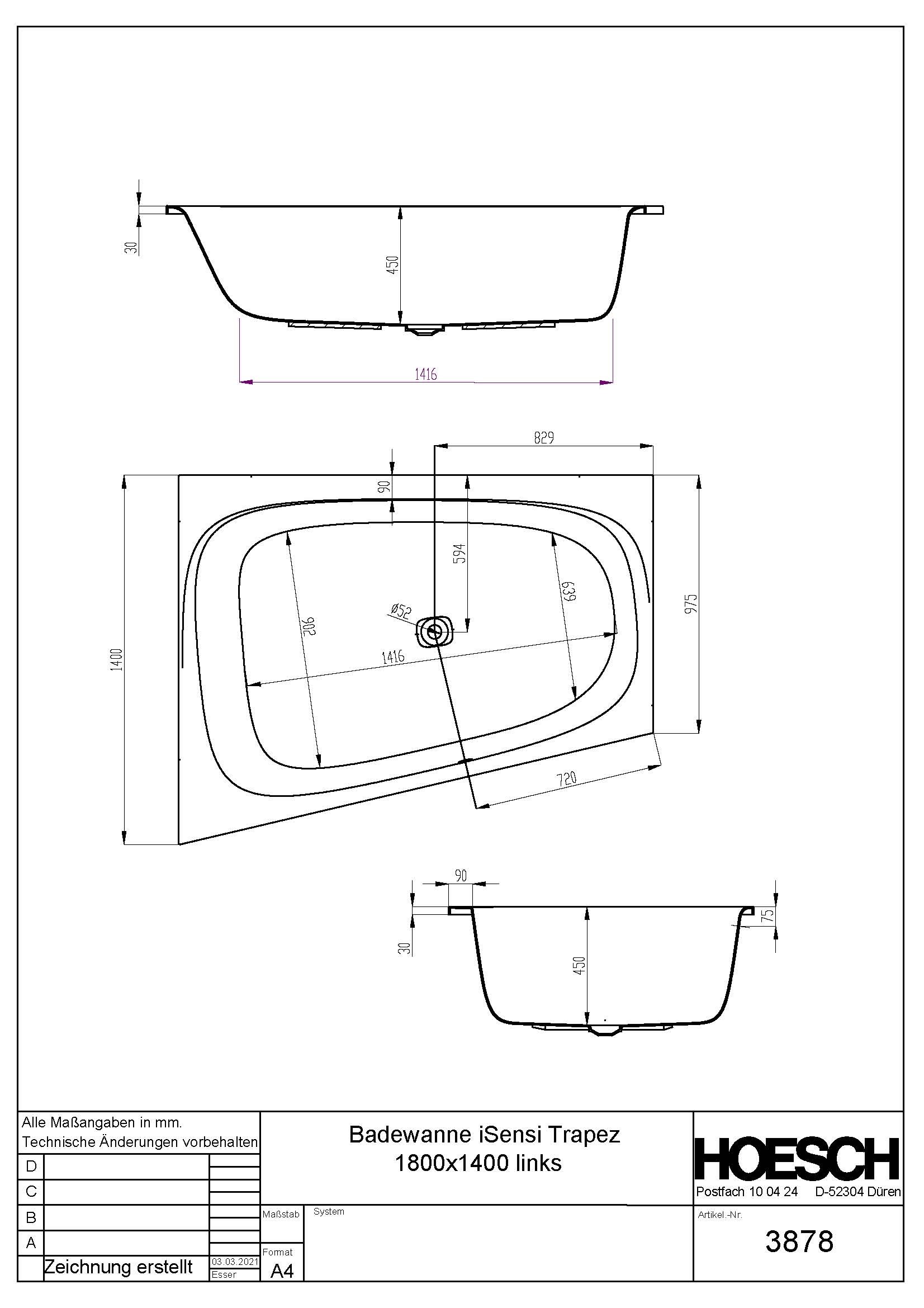 Hoesch Badewanne iSensi Trapez 1800x1400 links weiß