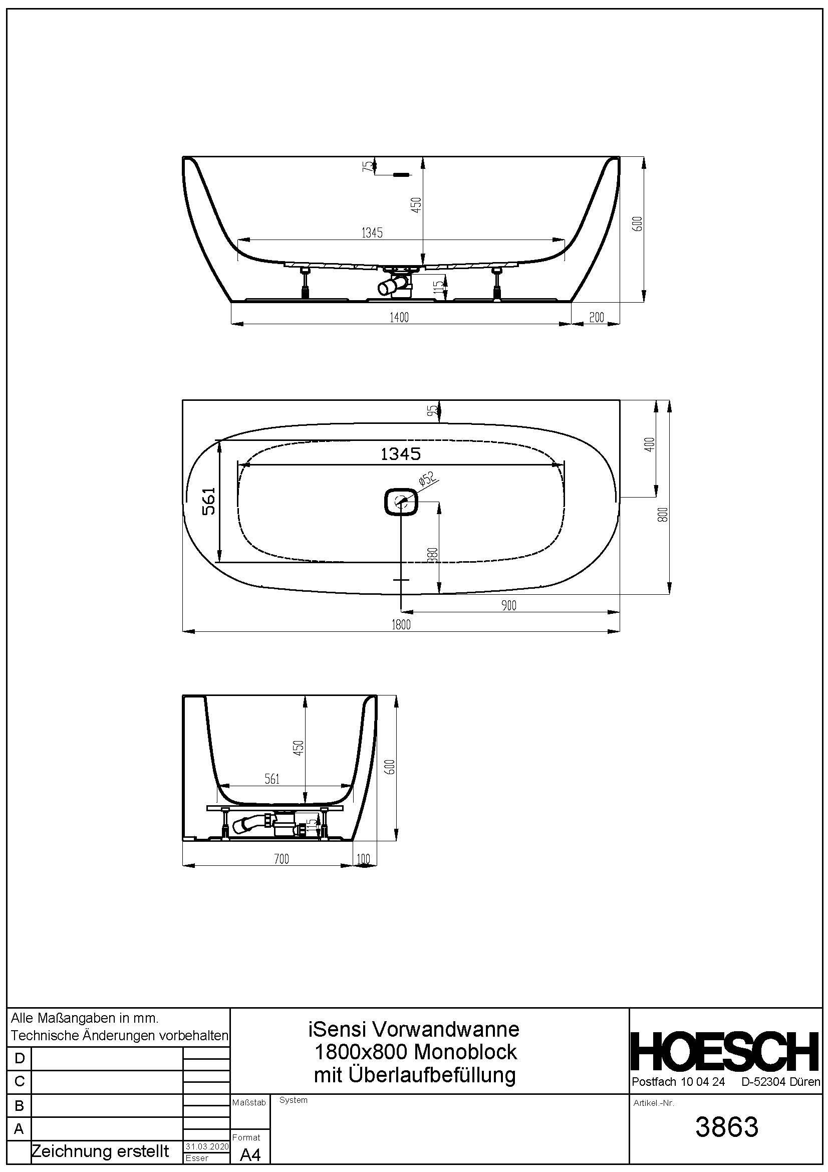 Hoesch Badewanne iSensi Vorwand 1800x800 inklusive Überlaufbefüllung chrom, Monoblock, angeformter Schürze weiß