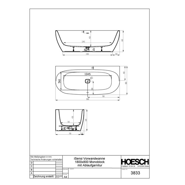 HO BW iSensi Vorwand 1800x800 Monoblock mit Überlaufbefüllung weiß, ang. Sch.