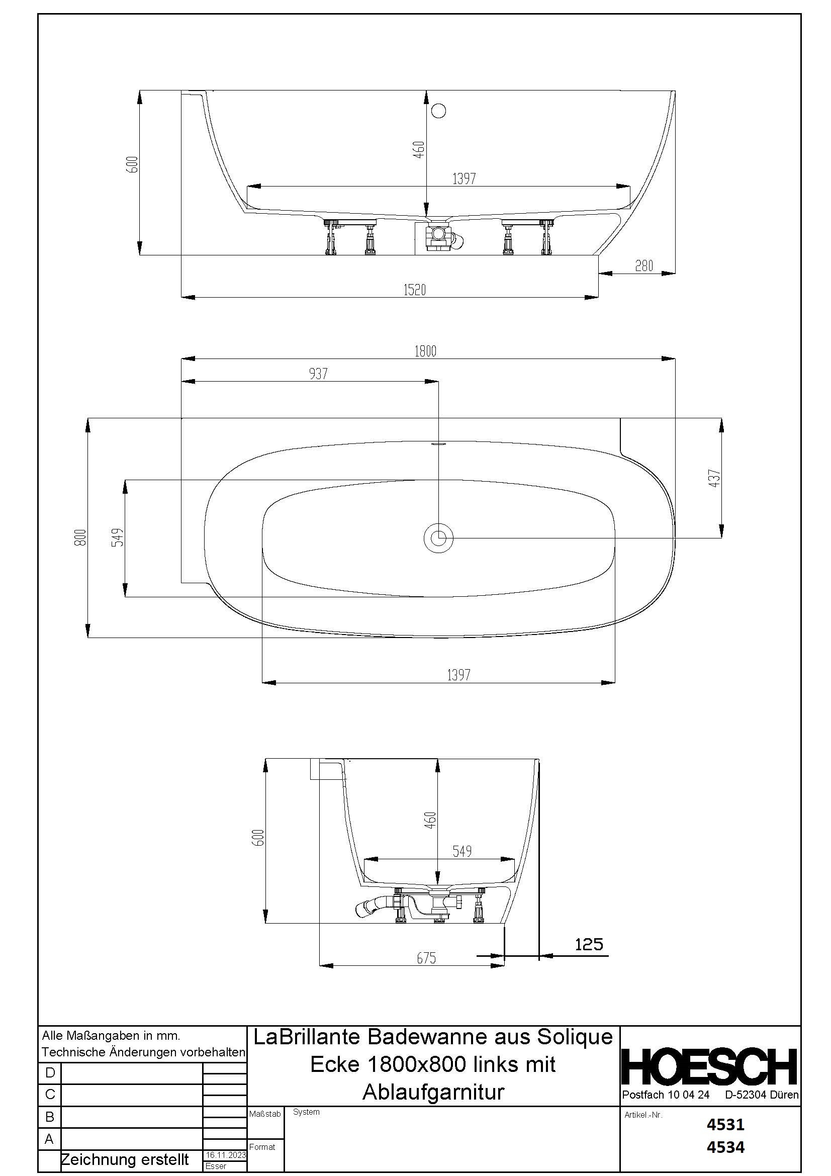 Hoesch Badewanne LaBrillante 1800x800 Ecke Links  Weiß Matt, mit Überlaufbefüllung