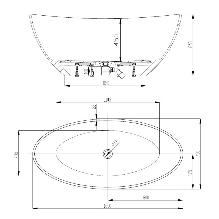 Hoesch Badewanne Namur 1500X650 freistehend, Material Solique, weiß
