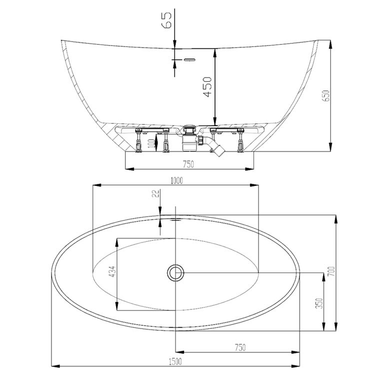 Hoesch Badewanne Namur 1500X650 freistehend, Material Solique, weiß matt