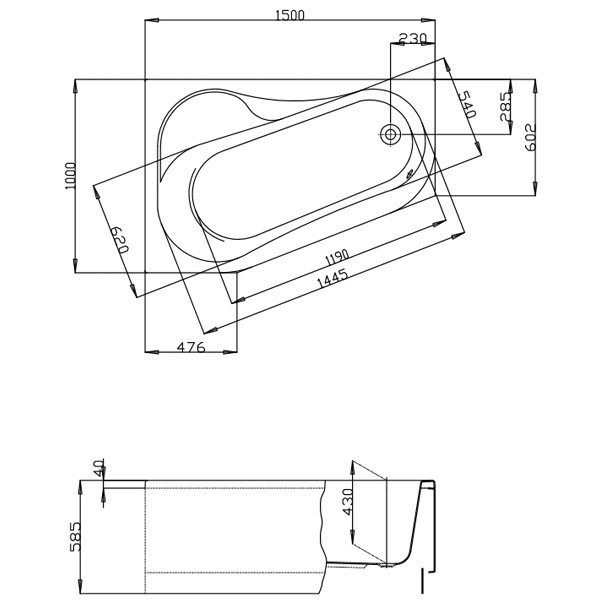 Hoesch Badewanne Parana 1500x1000 links mit loser Schürze und Gestell, weiß