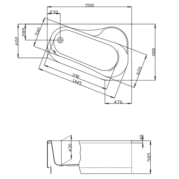 Hoesch Badewanne Parana 1500x1000 rechts mit loser Schürze und Gestell, weiß