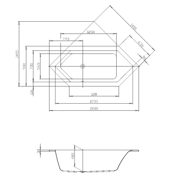 Hoesch Badewanne Scelta 6-Eck 2000x900 Überlauf links, weiß