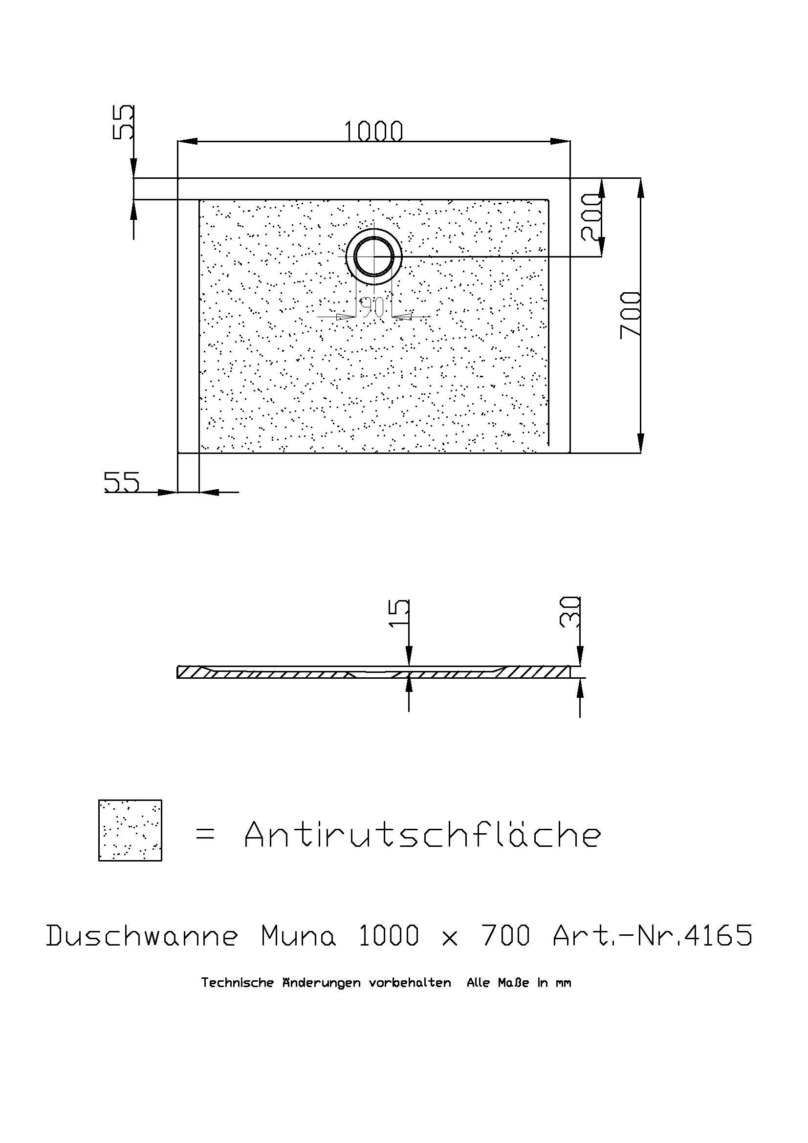 Hoesch Duschwanne Muna 1000x700x30 mit Antirutsch, Material Solique, weiß