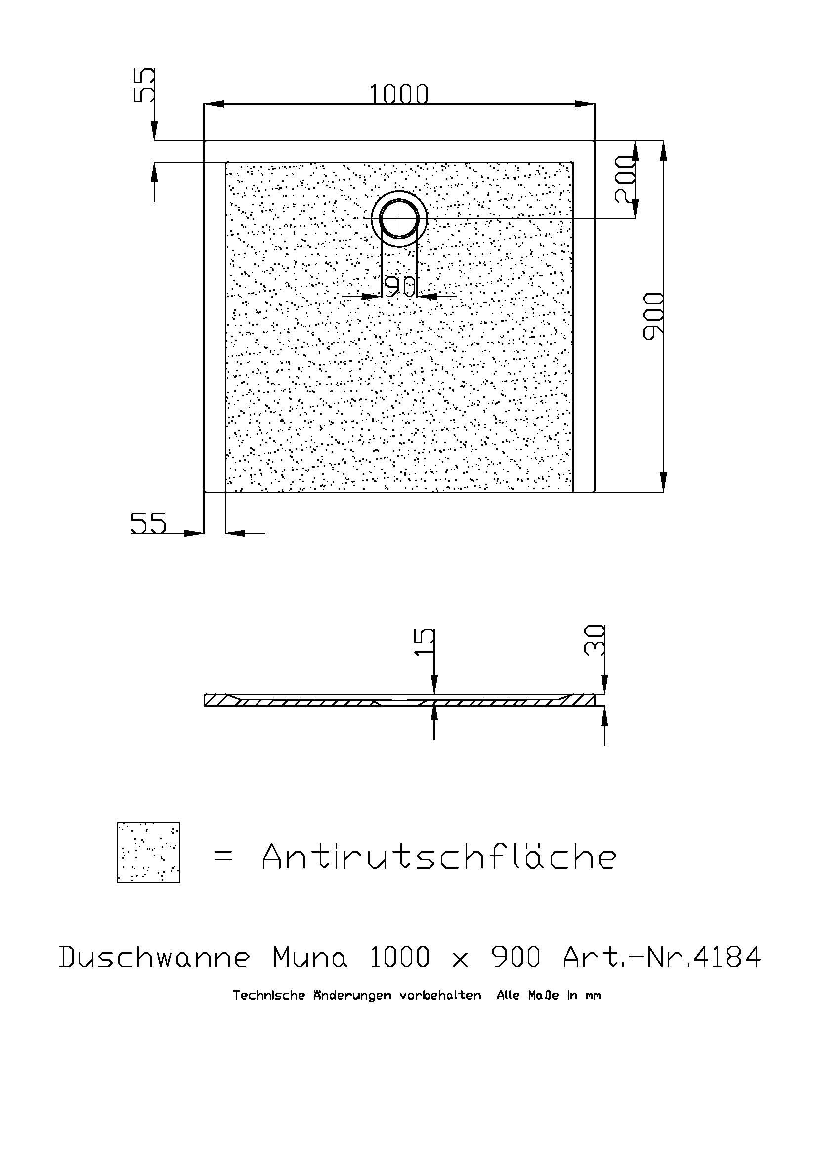 Hoesch Duschwanne Muna 1000x900x30 mit Antirutsch, Material Solique, weiß