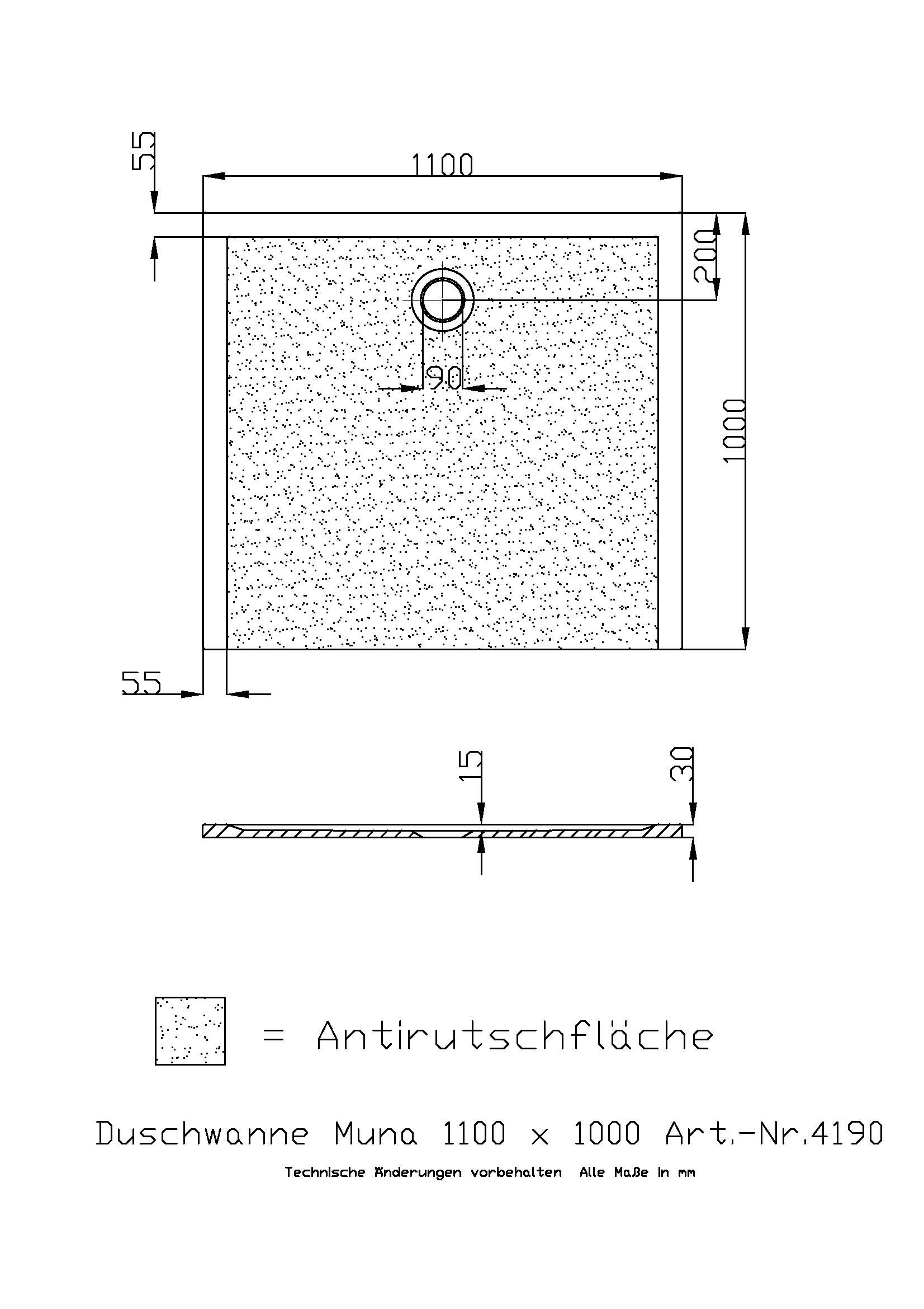 Hoesch Duschwanne Muna 1100x1000x30 mit Antirutsch, Material Solique, weiß