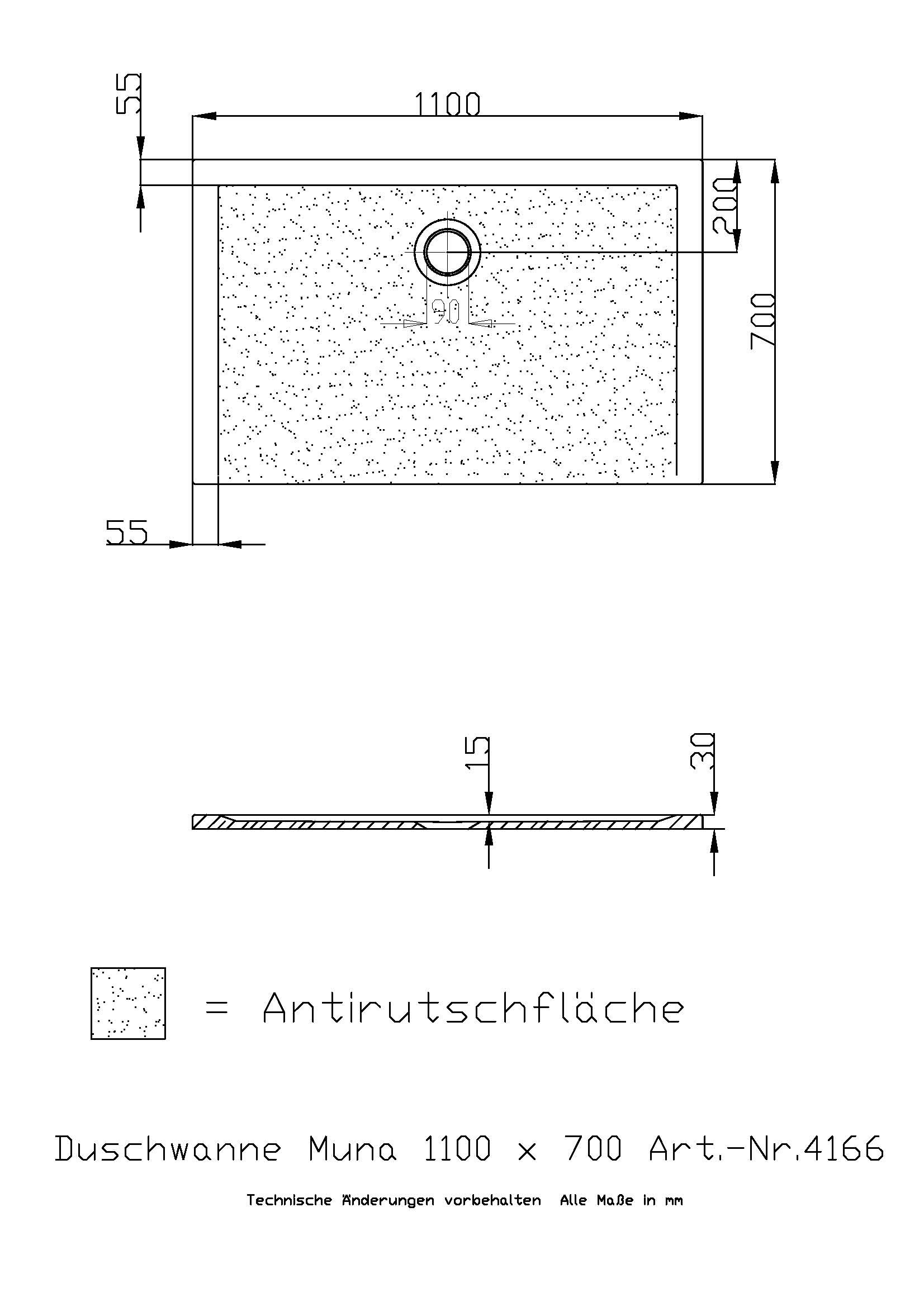 Hoesch Duschwanne Muna 1100x700x30 mit Antirutsch, Material Solique, weiß