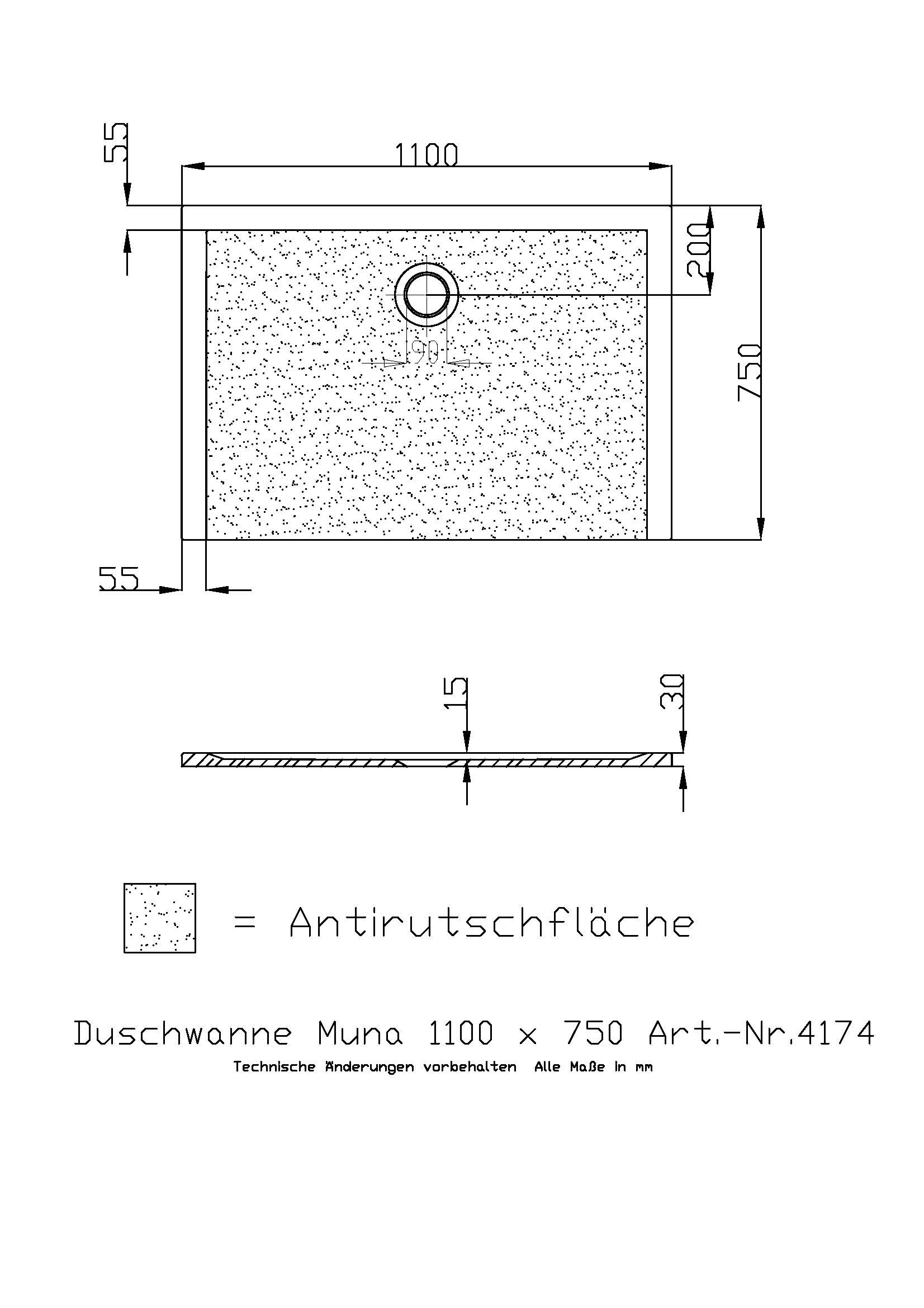 Hoesch Duschwanne Muna 1100x750x30 mit Antirutsch, Material Solique, weiß