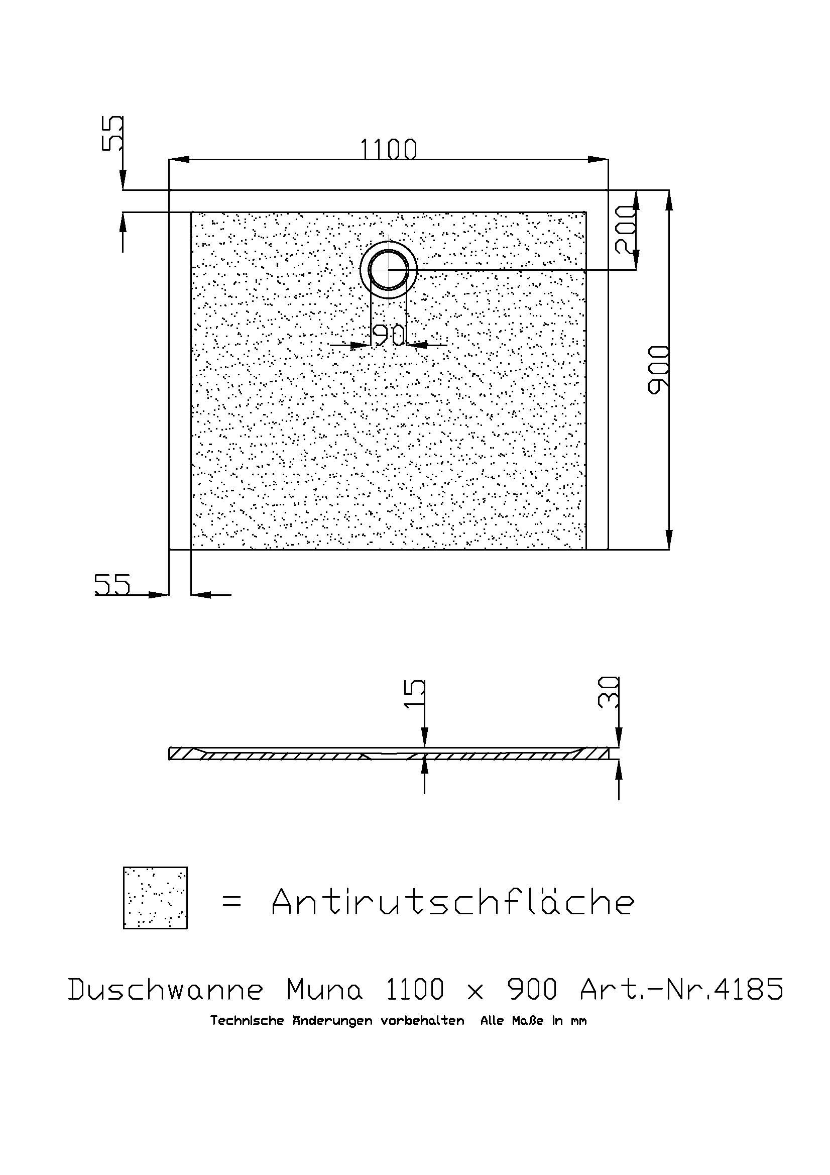 Hoesch Duschwanne Muna 1100x900x30 mit Antirutsch, Material Solique, weiß