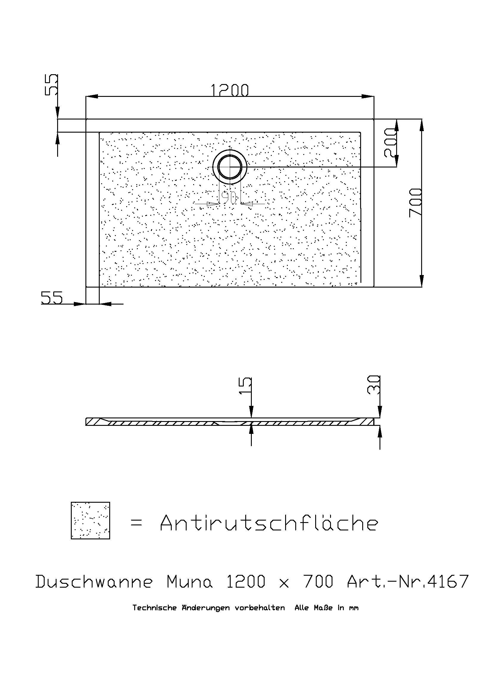 Hoesch Duschwanne Muna 1200x700x30 mit Antirutsch, Material Solique, weiß