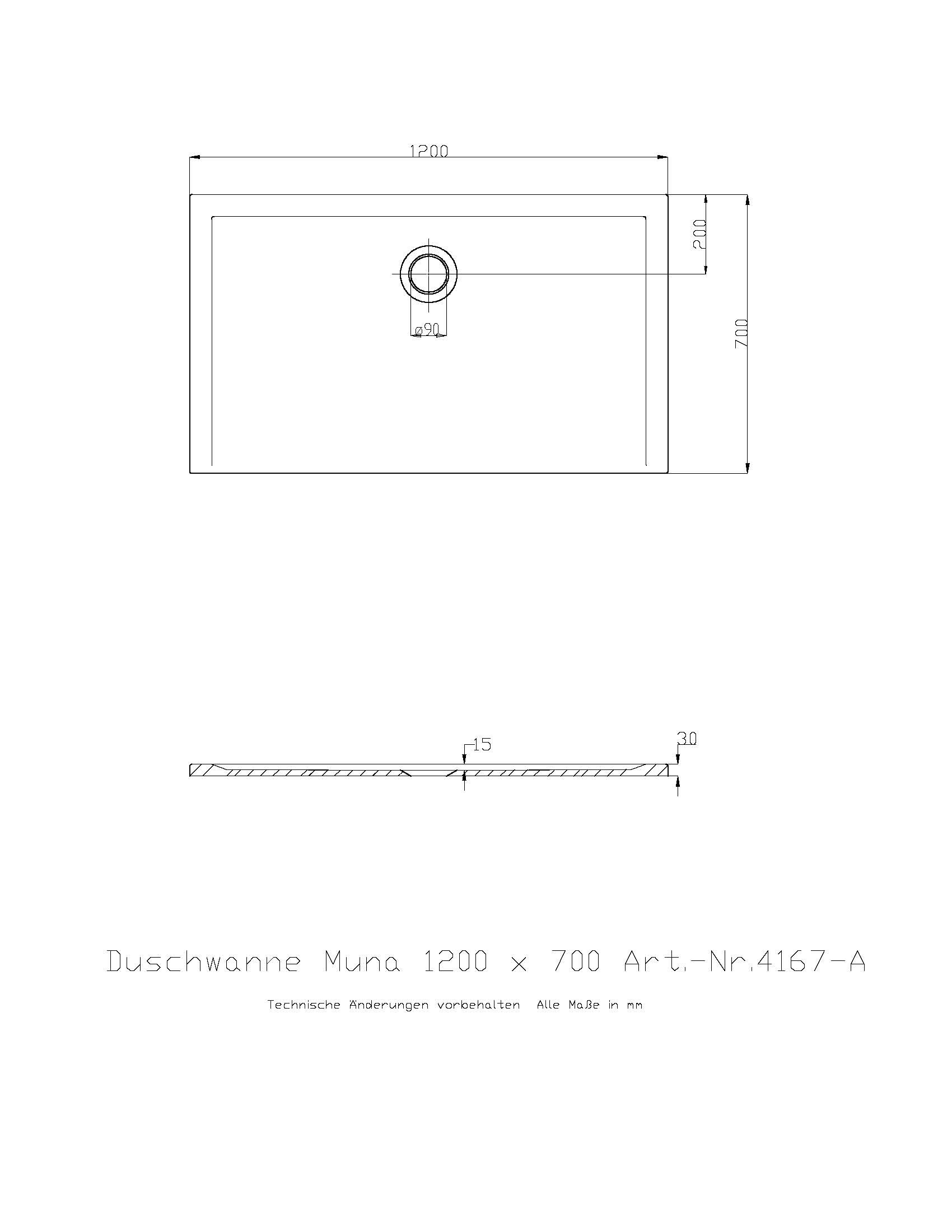 Hoesch Duschwanne Muna 1200x700x30 ohne Antirutsch, Material Solique, weiß