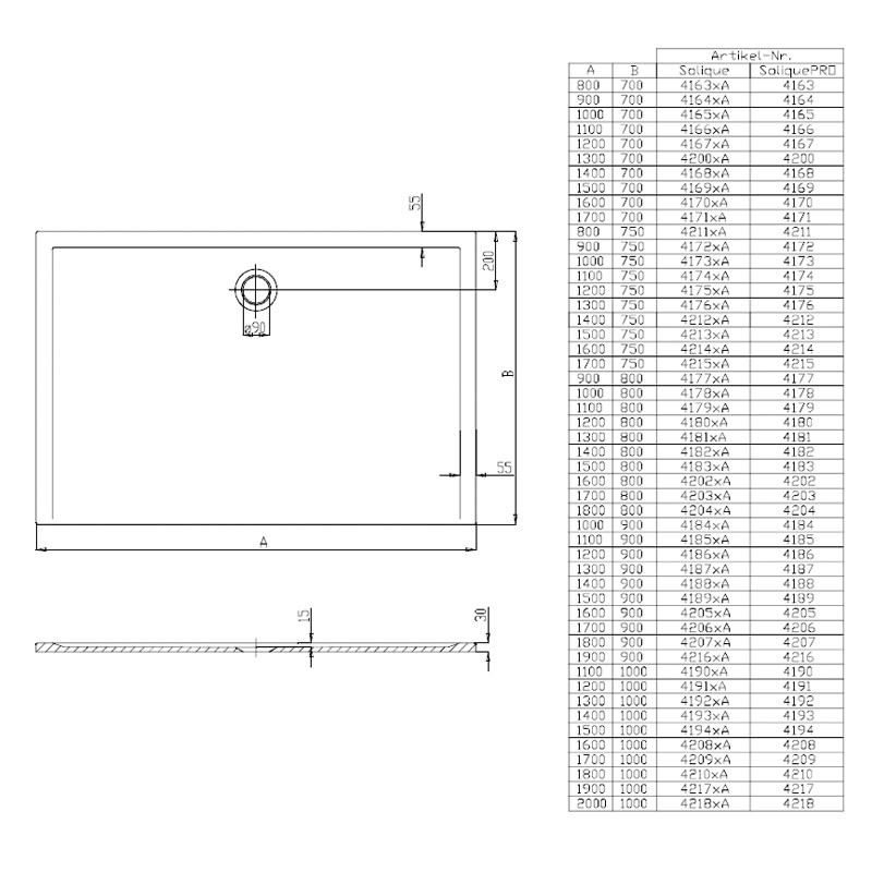 Hoesch Duschwanne Muna 1200x700x30 ohne Antirutsch, Material Solique, weiß